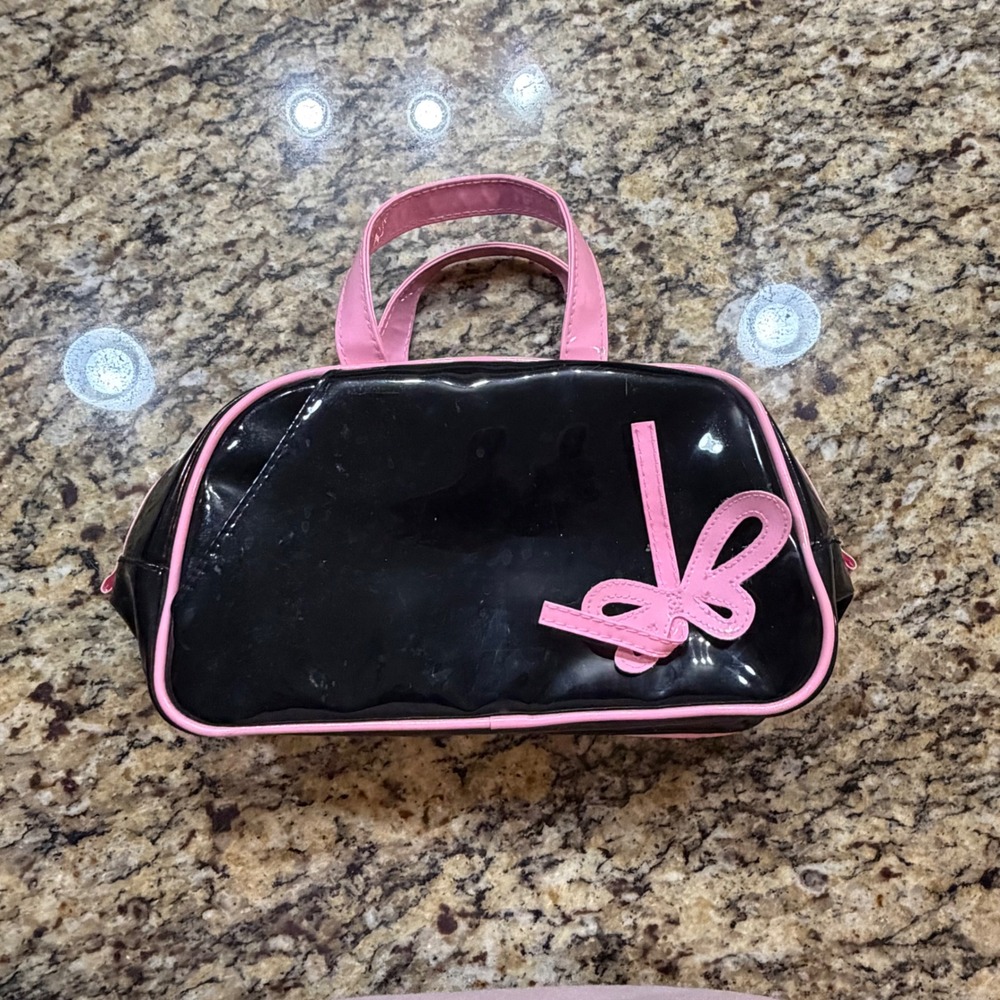 Black‎ Patent Pink Trim Bow Purse Handbag Mini Vanity Case Polka Dot Y2K